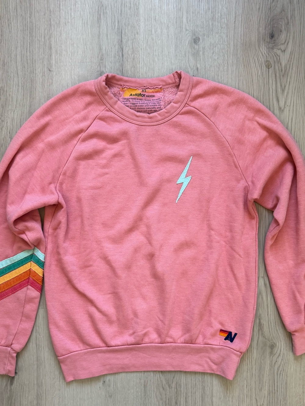 Aviator Nation Pastel Pink Crewneck Sweatshirt 5 Stripe Blue Lightning Bolt XS